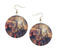Hong Kong Print Piercing Round Leather Earrings Set 1 Pair Stylish Leather Earrings Dangle Hoop For Women Jewelry Gifts