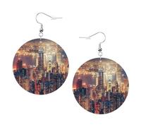 Hong Kong Print Piercing Round Leather Earrings Set 1 Pair Stylish Leather Earrings Dangle Hoop For Women Jewelry Gifts