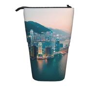 Hong Kong Print Telescopic Pencil Bag Pen Holder Pop Up Storage Case,Standing Portable pen Case, Black, One Size