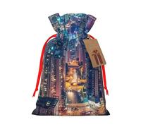 Hong Kong Printed Christmas Drawstring Bags for Christmas Party Xmas Gift Wrapping, Red Ribbon, S
