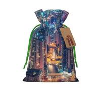 Hong Kong Printed Christmas Drawstring Bags for Xmas Gift Wrapping, Green Christmas Ribbon, M