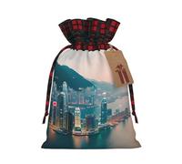 Hong Kong Printed Reusable Gift Bags - Christmas Drawstring Pouches for Xmas, Birthday, Wedding, Holidays