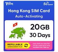 Hong Kong SIM Card | 20GB Super Economy Refillable Plan! Auto Activating 30 Day Validity | 5G Speed + Hotspot | Data-Only No Phone Number