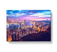 Hong Kong Skyline At Sunset Modern Art Canvas Wall Art Print Ready to Hang, Framed Picture for Living Room Bedroom Home Office Décor, 60x40 cm (24x16 Inch)