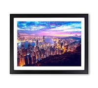 Hong Kong Skyline At Sunset Modern Art Framed Wall Art Print, Ready to Hang Picture for Living Room Bedroom Home Office Décor, Black A3 (46 x 34 cm)
