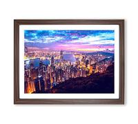 Hong Kong Skyline At Sunset Modern Art Framed Wall Art Print, Ready to Hang Picture for Living Room Bedroom Home Office Décor, Walnut A4 (34 x 25 cm)