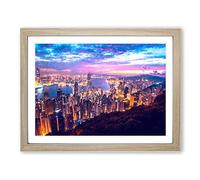 Hong Kong Skyline At Sunset Modern Art Framed Wall Art Print, Ready to Hang Picture for Living Room Bedroom Home Office Décor, Oak A4 (34 x 25 cm)