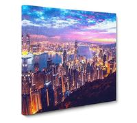 Hong Kong Skyline at Sunset Modern Canvas Wall Art Print Ready to Hang, Framed Picture for Living Room Bedroom Home Office Décor, 14x14 Inch (35x35 cm)