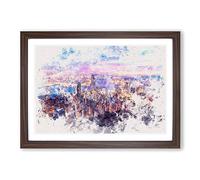 Hong Kong Skyline at Sunset Watercolour Framed Print | A2 Walnut Framed Wall Art | Ready to Hang | Modern Cityscape Picture | Living Room Bedroom Lounge Office