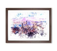 Hong Kong Skyline At Sunset Watercolour Modern Framed Print | A2 Walnut Framed Wall Art | Ready to Hang | Modern Cityscape Picture | Living Room Bedroom Lounge Office