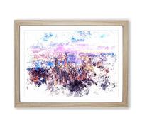Hong Kong Skyline At Sunset Watercolour Modern Framed Wall Art Print, Ready to Hang Picture for Living Room Bedroom Home Office Décor, Oak A3 (46 x 34 cm)