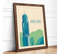 Hong Kong Skyline Framed Wall Art Print A3 Walnut | Ready to Hang, Premium Gi Paper, Fade-Resistant Inks, Securely Packaged, UK Made