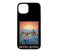 Hong Kong Skyline Harbor Sunset Junk Boat Graphic Case for iPhone 15 Plus