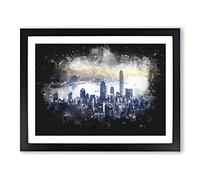 Hong Kong Skyline In China Paint Splash Modern Art Framed Wall Art Print, Ready to Hang Picture for Living Room Bedroom Home Office Décor, Black A3 (46 x 34 cm)