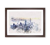 Hong Kong Skyline in China Watercolour Framed Print | A2 Walnut Framed Wall Art | Ready to Hang | Modern Cityscape Picture | Living Room Bedroom Lounge Office