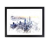 Hong Kong Skyline In China Watercolour Modern Framed Print | A4 Black Framed Wall Art | Ready to Hang | Modern Cityscape Picture | Living Room Bedroom Lounge Office