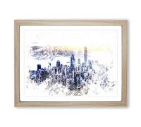 Hong Kong Skyline In China Watercolour Modern Framed Print | A4 Oak Framed Wall Art | Ready to Hang | Modern Cityscape Picture | Living Room Bedroom Lounge Office