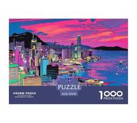 Hong Kong Skyline Jigsaw Puzzles Puzzles for Adults Kids. 1000 Pieces Pink Sunset View Impossible Challenge Toy Educational Games Home Decoration for Adults& Kids Age 14 Years Up 70x50cm/1000pcs