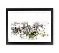 Hong Kong Skyline Watercolour Modern Framed Print | A2 Black Framed Wall Art | Ready to Hang | Modern Cityscape Picture | Living Room Bedroom Lounge Office