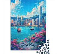 Hong Kong Skyline with Flowers 1000 Piece Jigsaw Puzzle, Downtown Architecture at Night, Thick Cardboard Pieces, Birthday Gift for Puzzle Lovers, Adult Puzzle, 52x38cm/1000pcs