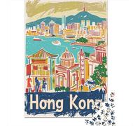 Hong Kong Travel Poster Illustration 1000 Piece Jigsaw Puzzle, Downtown Architecture at Night, Decorative Artwork, Matte Printed Jigsaw, Birthday Gift for Puzzle Lovers, 38x26cm/1000pcs
