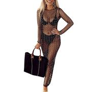 Honganda Sexy Women's Sheer Mesh Pearl Rhinestone Cover Up Dress Beach Swimwear Bikini Bathing Suit Coverups, Black, M