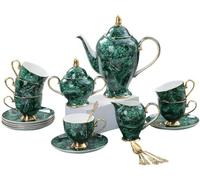 HONGBA 21Pcs Bone China Tea Set for 6, Green Marble Pattern Coffee Cup with Teapot Sugar Bowl Milk Jug & Gold Spoons for Home Decor