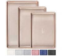 HONGBAKE Baking Tray Set of 3, Cookie Baking Sheets for Oven, Nonstick Half/Quarter/Jelly Roll Pans with Diamond Texture Pattern, 0.8mm Thickest Heavy Duty Cookie Tray, Champagne Gold