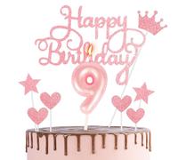 HONGCI Happy 9th Birthday Cake Topper & Pink Number 9 Candle - Cupcake Decorations for Girls Party