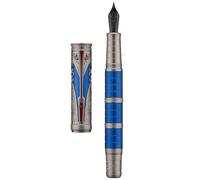 Hongdian D5X Fountain Pen Blue Color Medium Nib, Qin Dynasty Retro Chinese Totem Engraving Smooth Writing Pen with Converter and Pen Box Set