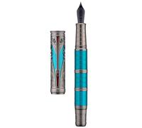 Hongdian D5X Fountain Pen Turquoise Extra Fine Nib, Qin Dynasty Retro Chinese Totem Engraving Smooth Writing Pen with Converter and Pen Box Set