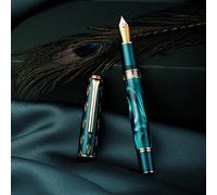 Hongdian N7 Blue Peacock Resin Piston Fountain Pen, Iridium Extra Fine Nib Classic Pen, Smooth Writing Pen with Metal Box