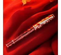 Hongdian N8 Fountan Pen, Iridium Fine Nib, Rose Gold Trim Maple Leaf Carving Cap Red Acrylic Resin, Smooth Writing Pen with Converter and Metal Pen Box Set