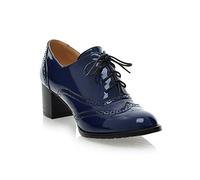 Honger Women's Mid Block Heel Lace-Up Brogues Pumps Vintage PU Leather Oxfords Dress Shoes, Navy, 6 UK