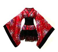 HongH Floral Short Kimono Robe V-Neck Japanese Traditional Asia Skirt Top Set Geisha Coplay Fancy Dress, Red, Medium