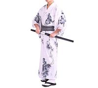 HongH Men's Japanese Traditional Kimono Robe Long Sleeve Spa Bathrobe Easy Wearing Yukata Sleepwear Nightgown Unisex OBI Belt Set, 324# White, Length 57