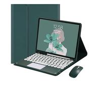 HongHeFu Accessories, Detachable Round Keys Keyboard and Mouse, PU+TPU Leather Stand Case compatible with Samsung Galaxy Tab S9 FE plus 12.4 inch(Dark Green+touch Keyboard)