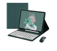 HongHeFu Accessories, Detachable Round Keys Keyboard and Mouse, PU+TPU Leather Stand Case compatible with Samsung Galaxy Tab S9 FE plus 12.4 inch(Dark Green+Keyboard)