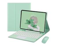 HongHeFu Accessories, Detachable Round Keys Keyboard and Mouse, PU+TPU Leather Stand Case compatible with Samsung Galaxy Tab S9 FE 10.9 inch SM-X510/X516(Mint Green+touch Keyboard)