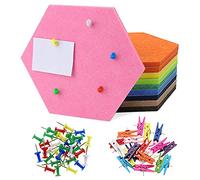 HonGien 10 Packs Felt Pin Board Hexagonal Self-Adhesive Bulletin Board with 30 Multi-Color Push Pins and 20 Muiti-Color Push Pins with Wooden Clip for Memos, Picture Drawing, Wall Decor