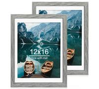 Hongkee 12x16 Picture Frame Set of 2, Rustic Grey Wood Style - Display 12 x 16 Poster without Mat or 11x14 Picture with Mat, Wall Mounting Horizontal and Vertical