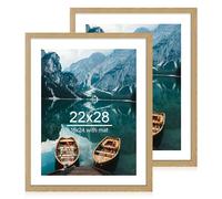 Hongkee 22x28 Frame Set of 2, Natural Oak Wood Style - Display 18x24 Picture Frame with Mat or 22 x 28 Poster Frame without Mat, Wall Mounting Horizontal and Vertical