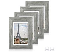 Hongkee 5x7 Picture Frame Set of 4, Made of Real Glass and Grey Wooden Frame, 5 by 7 Photo for Wall or Tabletop - Display Picture 4x6 with Mat or 5x7 Without Mat