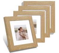 Hongkee 6x6 Picture Frame Set of 4, Made of Glass and Natural Oak Wooden Frame - Display Picture 4x4 with Mat or 6 x 6 Without Mat, 6x6 Photo for Wall or Tabletop