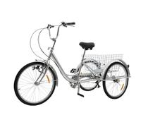 HongKKon 24Inch Adult Tricycle,6 Speed Adult Trike Carbon Steel 3-Wheel Bicycle With Front Lamp & Basket Adjustable Seat、Armrest,Shopping Cargo Trike Suitable for Cycling On Various Roads (Silver)