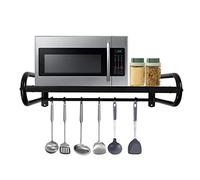 HongKKon Wall Mounted Microwave Shelf, 53 * 38 * 18cm Carbon Steel Kitchen Storage Organizer Microwave Shelf Stand with 6 Hooks, Bracket for Kitchen, Living Room, Study, Balcony, Bathroom