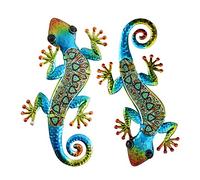 HONGLAND Garden Ornaments Outdoor 2Pcs Metal Gecko Wall Decor Lizard Garden Art Color Hanging Glass Sculpture for Indoor Outdoor Patio Fence (Green)