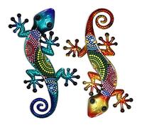HONGLAND Metal Gecko Wall Art 2 Pack 15 Inch Lizard Outdoor Decor Hanging Glass Sculpture Decoration for Garden Fence Home