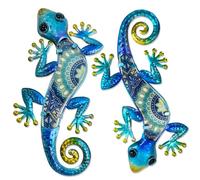 HONGLAND Metal Gecko Wall Art 2Pcs Outdoor Wall Decor Lizard Metal Hanging Wall Decoration Glass Sculpture for Garden Yard Patio Fence Home (Blue)