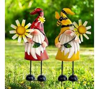 HONGLAND Metal Gnome Yard Art - Metal Gnome Statue -Outdoor Garden Gnome Decorations - Bee and Ladybug Art Sculpture- Christmas Holiday Lawn Patio Yard Garden Decor (Set of 2)